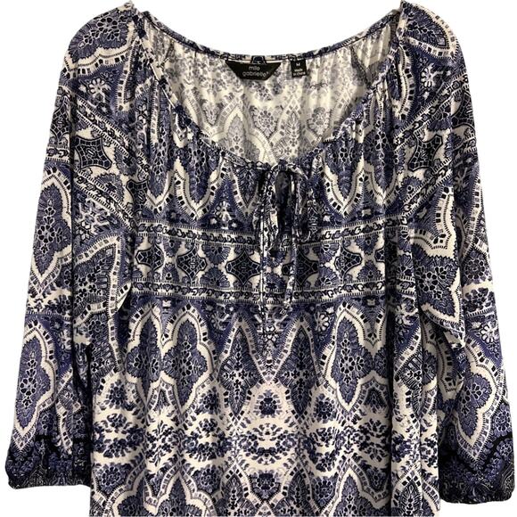 Mlle Gabrielle Dress Size Medium Blue Patterned Boho Scoop Neck 3/4 Sleeves - Picture 2 of 7